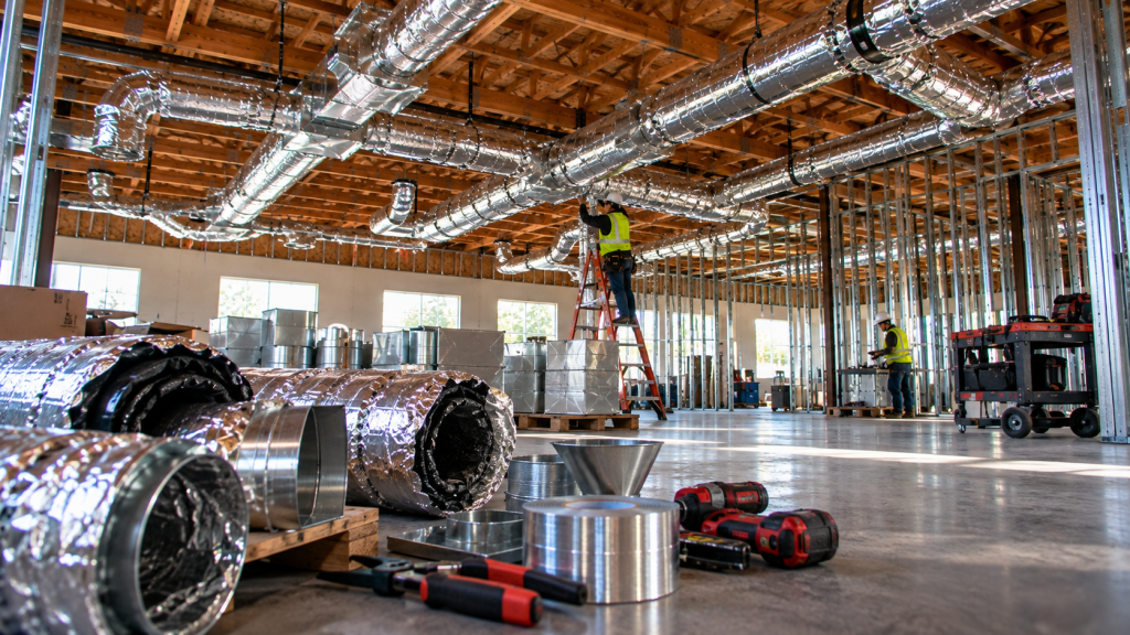 HVAC ductwork going in during a build-out