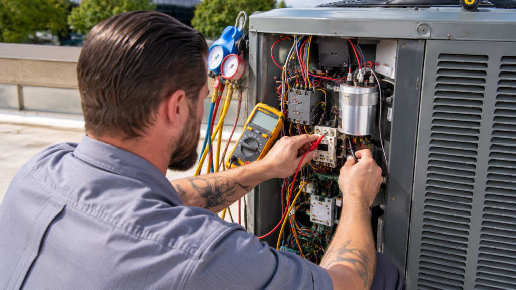 Technician testing control voltage