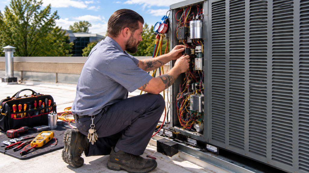 Technician diagnosing a condenser