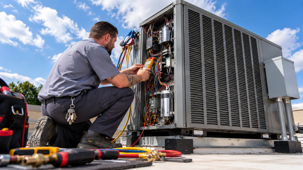 Phoenix HVAC replacement crew at a rooftop unit